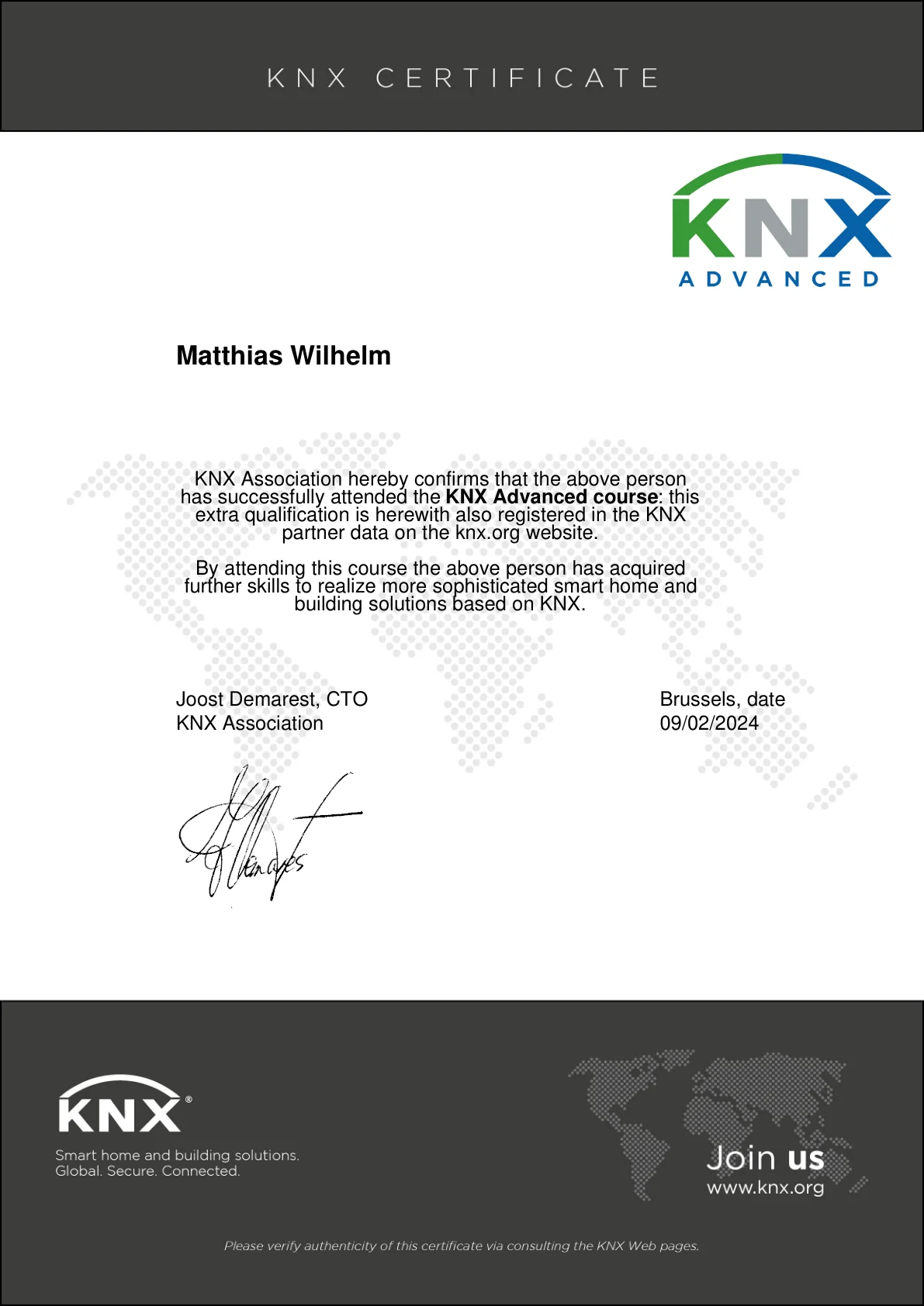 KNX Advanced Zertifikat von Matthias Wilhelm