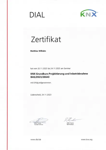 Zertifikat KNX Grundkurs, Projektierung und Inbetriebnahme von Matthias Wilhelm