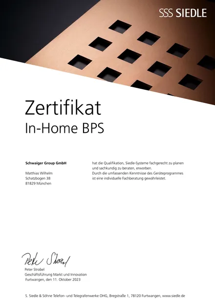 Zertifikat Siedle In-Home BPS von Matthias Wilhelm